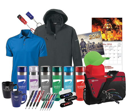 Branded promotional products: polo shirt, soft-shell jacket, water bottles, mugs, pens, calendar, hat and messenger bag